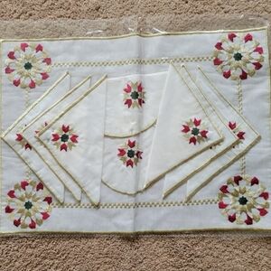 Moroccan traditional embroidered tray cover, 6 napkins and teapot accessories